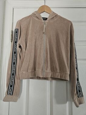 bebe Taupe Hooded Velour Zip Jacket with Logo Sleeve Tape Small